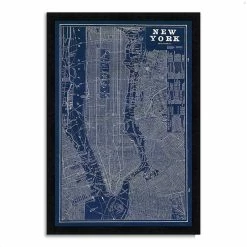 Flash Sale 🎉 Tangletown Fine Art 23 X 33 Blueprint Map New York By Sue Schlabach - Wood Framed Print Multi-Color ⌛