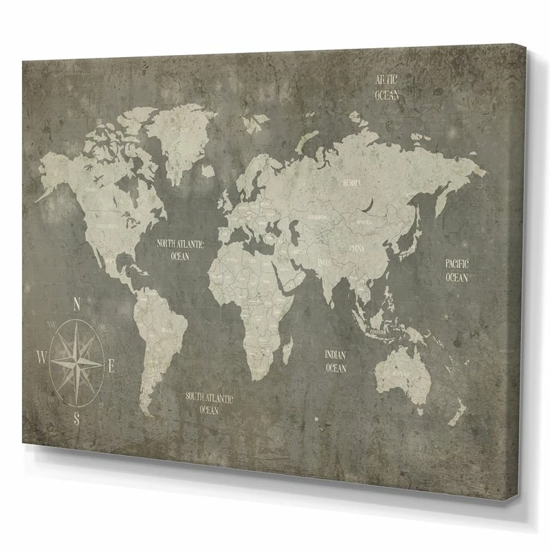 Discount 😍 Designart 44" X 34" "Slate World Map" Fabric Canvas Wall Art In Gray 🤩 - Image 3