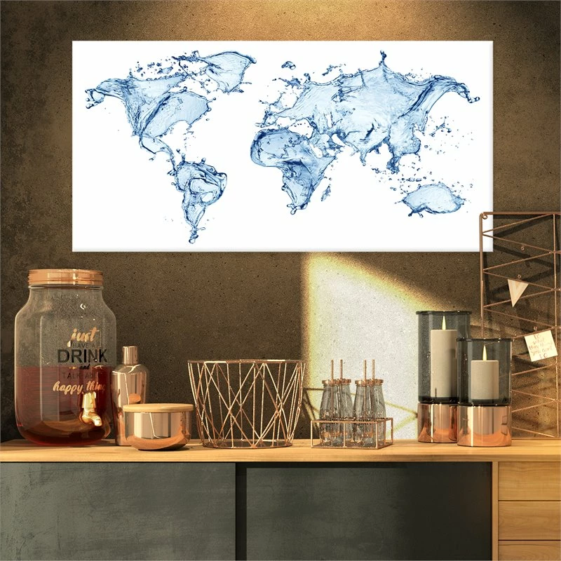 Budget ๐ Designart 32" X 16" "World Map Water Splash" Fabric Canvas Wall Art In Blue ๐ - Image 3